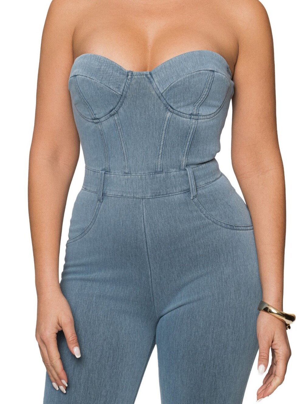 Strapless Light Blue Denim Bustier Jumpsuit (M)